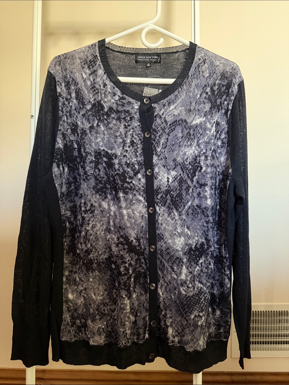 Jones New York wool blend lightweight cardigan navy snake print sweater size 2X